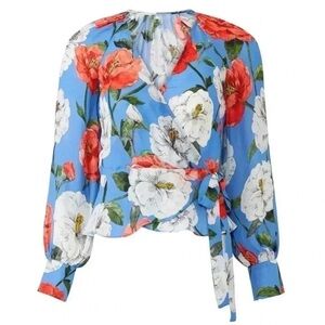 Parker Blue Red Tie Front Wrap Blouse